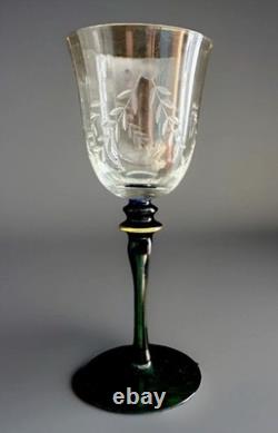 10 Pc Handblown European Bohemian Etched Crystal Wine Glass Cobalt Green Stems