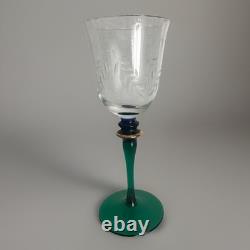10 Pc Handblown European Bohemian Etched Crystal Wine Glass Cobalt Green Stems