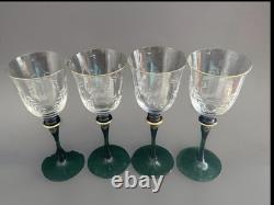 10 Pc Handblown European Bohemian Etched Crystal Wine Glass Cobalt Green Stems