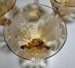 10 Vintage Amber Etched Stem Ware Wine Glass 8 H