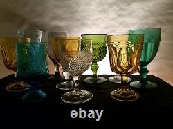 10 Vintage Mismatched Wine Glass Water Goblets Glasses Blue Green Gold #167