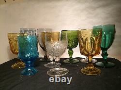 10 Vintage Mismatched Wine Glass Water Goblets Glasses Blue Green Gold #167