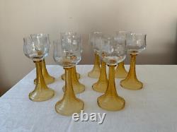 10 Vintage Venetian glass Swirl Stem Amber Wine Glasses goblets etched grapes