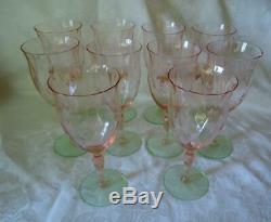 10 Vtg Pink Green Watermelon Etched Diamond Optic Wine Glasses PERFECT