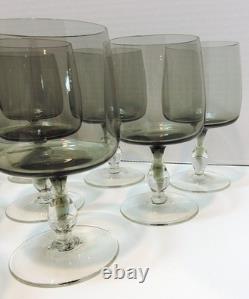 11 MCM Smoke Gray Water Wine Glasses 5 7/8 Vintage Clear Bulbous Stem USA Grey