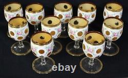 11 Moser Bohemian Czech Overlay White Cut to Amber Art Glass Stem Wine Glasses