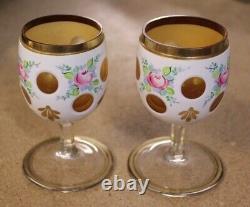 11 Moser Bohemian Czech Overlay White Cut to Amber Art Glass Stem Wine Glasses