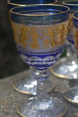 11 Vintage Val St. Lambert Cobalt Dans De Flore Water Wine Glass Gold Encrusted