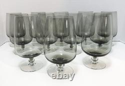 12 MCM Smoke Gray Water Wine Glasses 6 Vintage Clear Bulbous Stem USA Made Grey