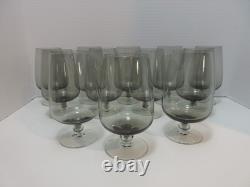 12 MCM Smoke Gray Water Wine Glasses 6 Vintage Clear Bulbous Stem USA Made Grey