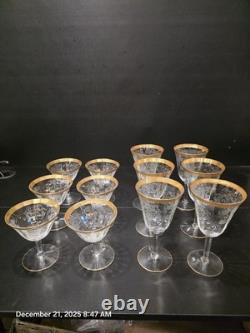 12 Pc Vintage Etched Glass Gold Rim Stemware Set Wine Champagne Coupe