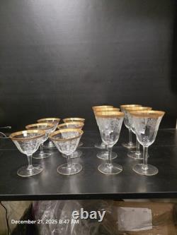 12 Pc Vintage Etched Glass Gold Rim Stemware Set Wine Champagne Coupe