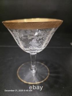 12 Pc Vintage Etched Glass Gold Rim Stemware Set Wine Champagne Coupe