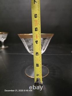 12 Pc Vintage Etched Glass Gold Rim Stemware Set Wine Champagne Coupe