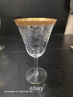 12 Pc Vintage Etched Glass Gold Rim Stemware Set Wine Champagne Coupe