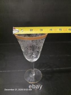 12 Pc Vintage Etched Glass Gold Rim Stemware Set Wine Champagne Coupe