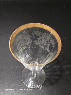 12 Pc Vintage Etched Glass Gold Rim Stemware Set Wine Champagne Coupe