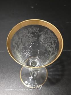 12 Pc Vintage Etched Glass Gold Rim Stemware Set Wine Champagne Coupe