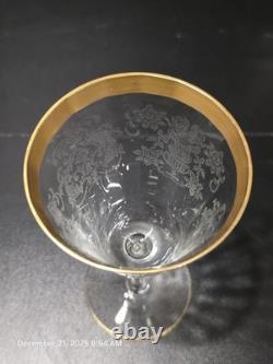 12 Pc Vintage Etched Glass Gold Rim Stemware Set Wine Champagne Coupe