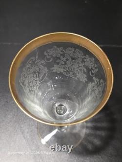 12 Pc Vintage Etched Glass Gold Rim Stemware Set Wine Champagne Coupe