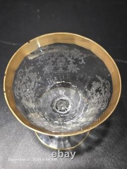 12 Pc Vintage Etched Glass Gold Rim Stemware Set Wine Champagne Coupe