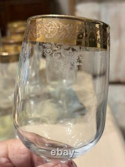 (12) Vintage. 7 Wine Glass In Real Gold And Etching. One Of A Kind