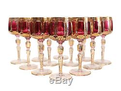 12 Vintage Venetian Cranberry Art Glass Wine Glasses, Swag Gilt Designs