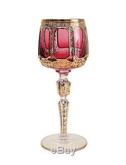 12 Vintage Venetian Cranberry Art Glass Wine Glasses, Swag Gilt Designs