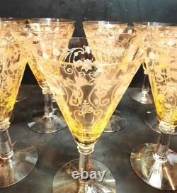 (12) Vintage Yellow Amber Topaz 7 Tall Wine Glasses / Goblets / Stemware Nice