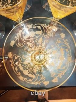 (12) Vintage Yellow Amber Topaz 7 Tall Wine Glasses / Goblets / Stemware Nice
