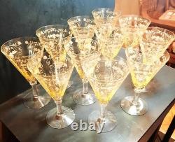 (12) Vintage Yellow Amber Topaz 7 Tall Wine Glasses / Goblets / Stemware Nice