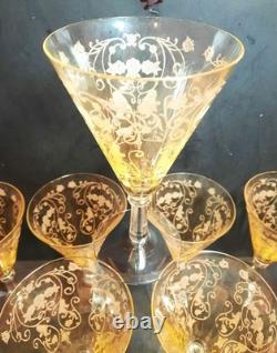 (12) Vintage Yellow Amber Topaz 7 Tall Wine Glasses / Goblets / Stemware Nice