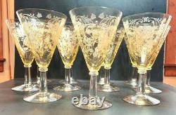 (12) Vintage Yellow Amber Topaz 7 Tall Wine Glasses / Goblets / Stemware Nice