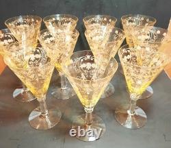 (12) Vintage Yellow Amber Topaz 7 Tall Wine Glasses / Goblets / Stemware Nice