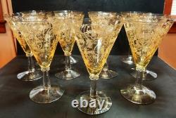 (12) Vintage Yellow Amber Topaz 7 Tall Wine Glasses / Goblets / Stemware Nice