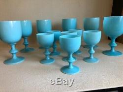 12 Vtg Portieux Vallerysthal French Opaline Blue Milk Glass Wine Water Goblets