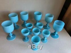 12 Vtg Portieux Vallerysthal French Opaline Blue Milk Glass Wine Water Goblets