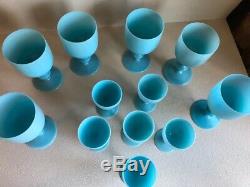 12 Vtg Portieux Vallerysthal French Opaline Blue Milk Glass Wine Water Goblets