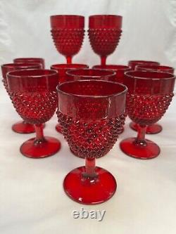 12pc Set Vintage MCM Fenton Ruby Red Hobnail Stemmed Glass Water Wine Goblets