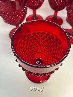 12pc Set Vintage MCM Fenton Ruby Red Hobnail Stemmed Glass Water Wine Goblets