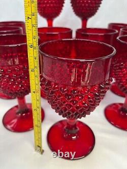 12pc Set Vintage MCM Fenton Ruby Red Hobnail Stemmed Glass Water Wine Goblets