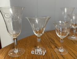 13 Vintage Etched Cut Glass Gray Roses Wine Glasses