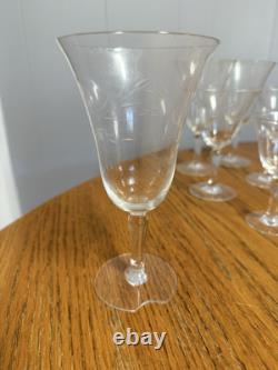 13 Vintage Etched Cut Glass Gray Roses Wine Glasses