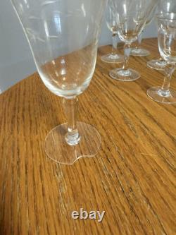 13 Vintage Etched Cut Glass Gray Roses Wine Glasses
