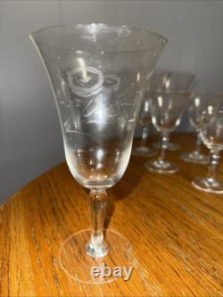13 Vintage Etched Cut Glass Gray Roses Wine Glasses