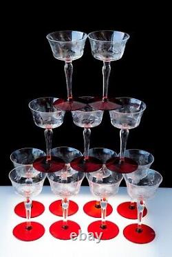 14 Vintage Champagne Wine Glasses Optic Floral Cut with Ruby Red Foot