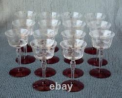 14 Vintage Champagne Wine Glasses Optic Floral Cut with Ruby Red Foot