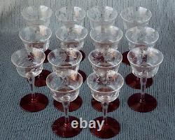 14 Vintage Champagne Wine Glasses Optic Floral Cut with Ruby Red Foot
