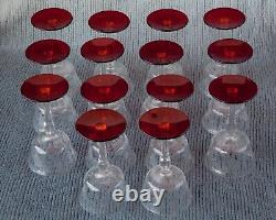 14 Vintage Champagne Wine Glasses Optic Floral Cut with Ruby Red Foot