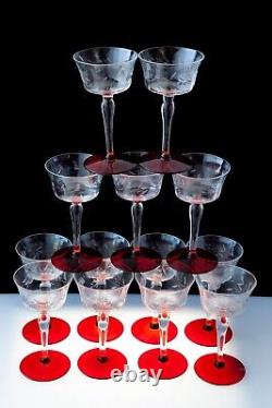 14 Vintage Champagne Wine Glasses Optic Floral Cut with Ruby Red Foot